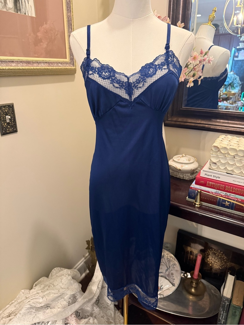 Vanity Fair Vintage Navy Blue Lace-Trim Slip